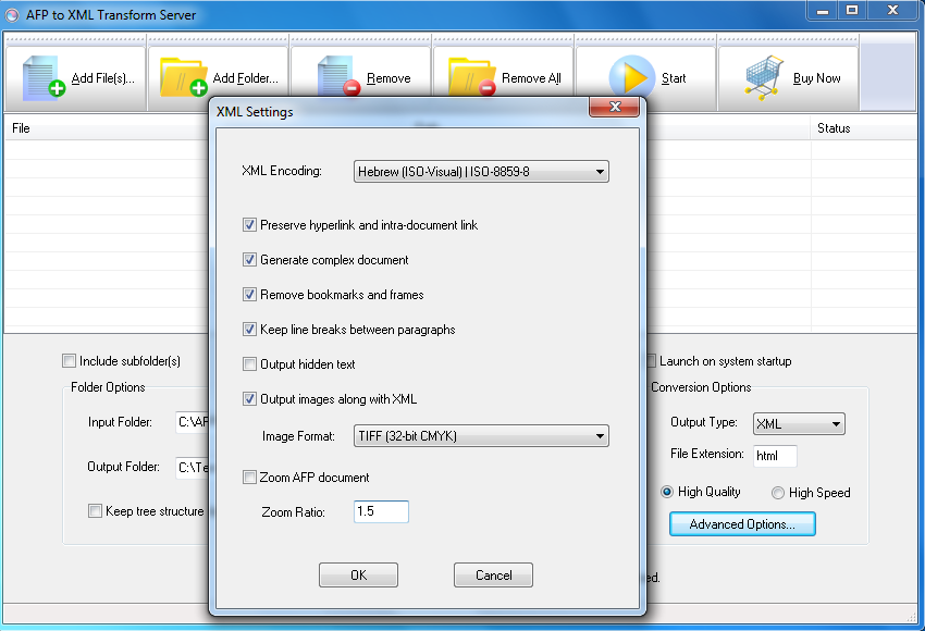 Screenshot of AFP2XML Transform Server 2.01